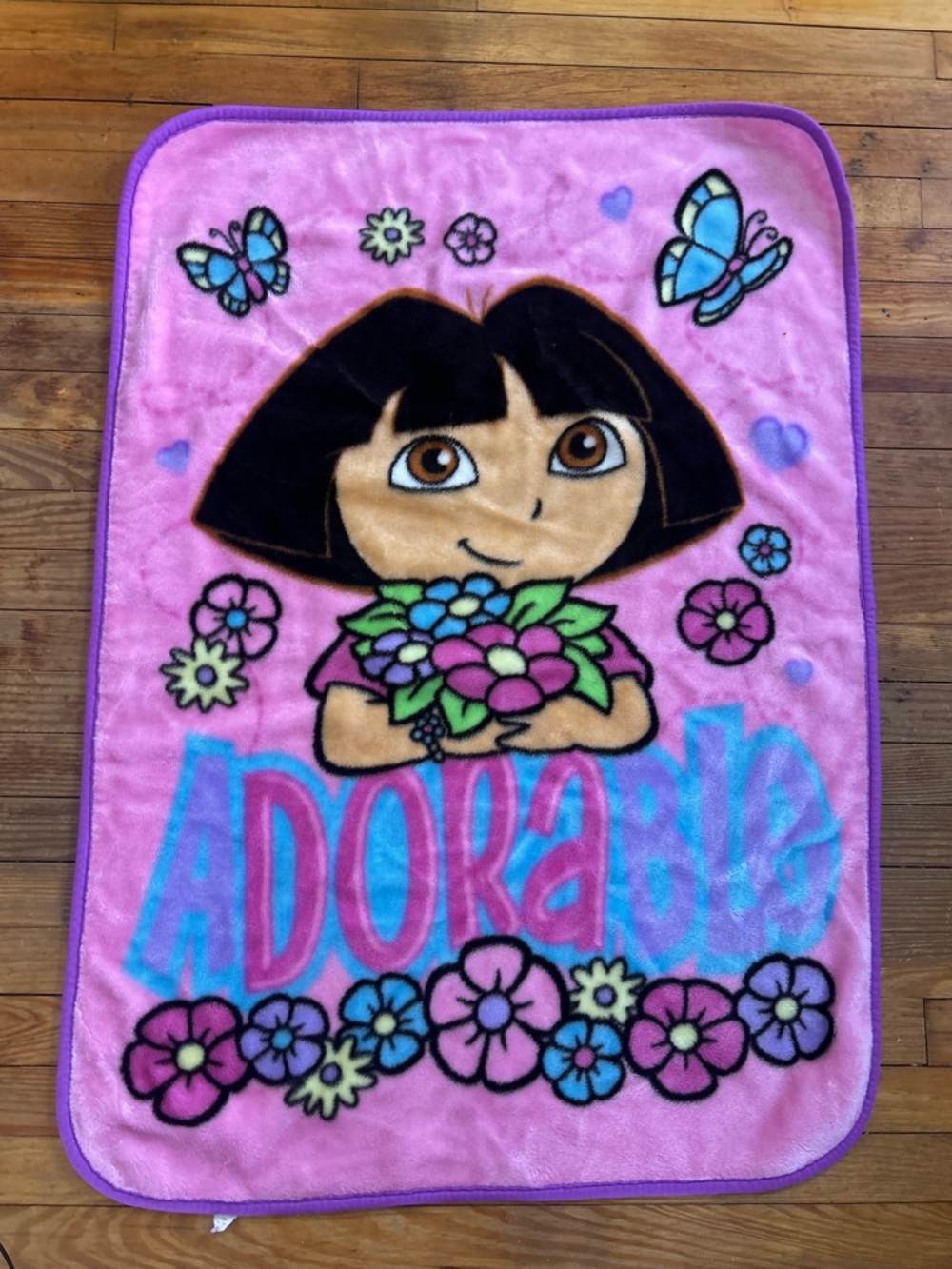 Dora Pink Plush Kids Blanket with Floral Design “aDORAble”